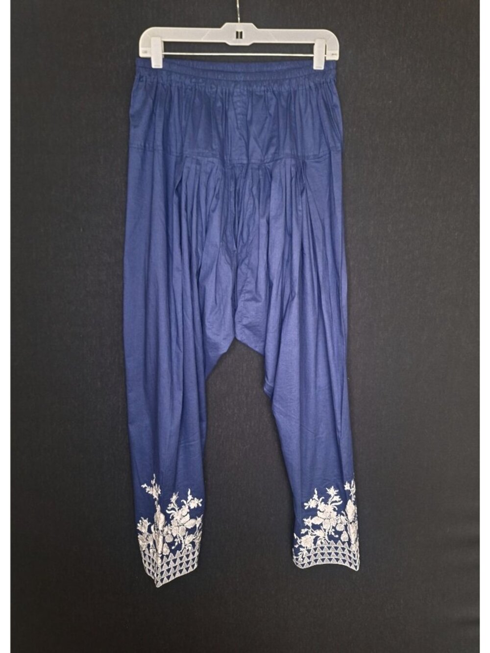 💙 Blue Harem Pants Embroidered Floral Elastic Size M Waist Boho Drop Crotch
